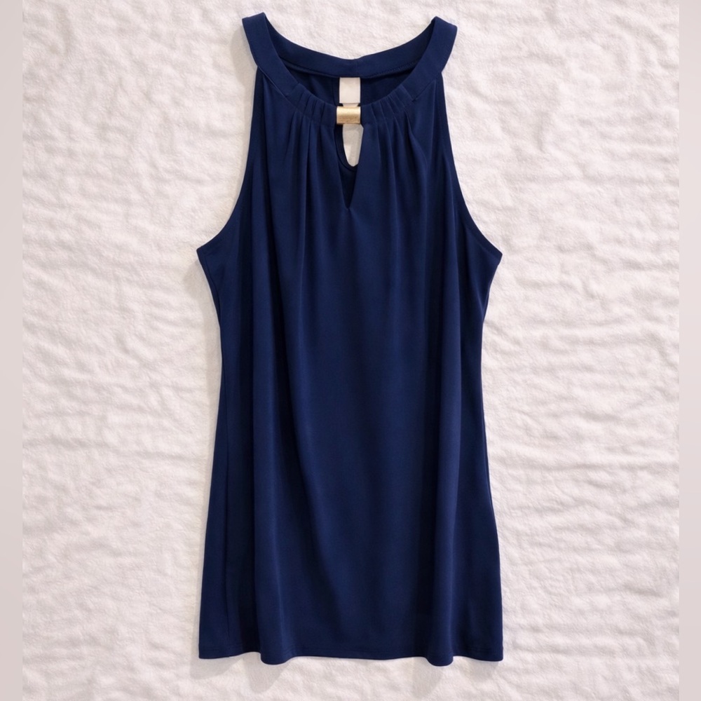 White House Black Market Navy Sleeveless Blouse Gold Detail Tank Top Women M